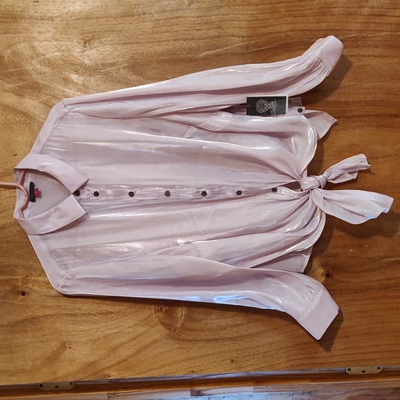 NWT Vince Camuto Womens Shimmery Pink Long Sleeve Tie-Front Button Blouse Sz 2X - Picture 1 of 11